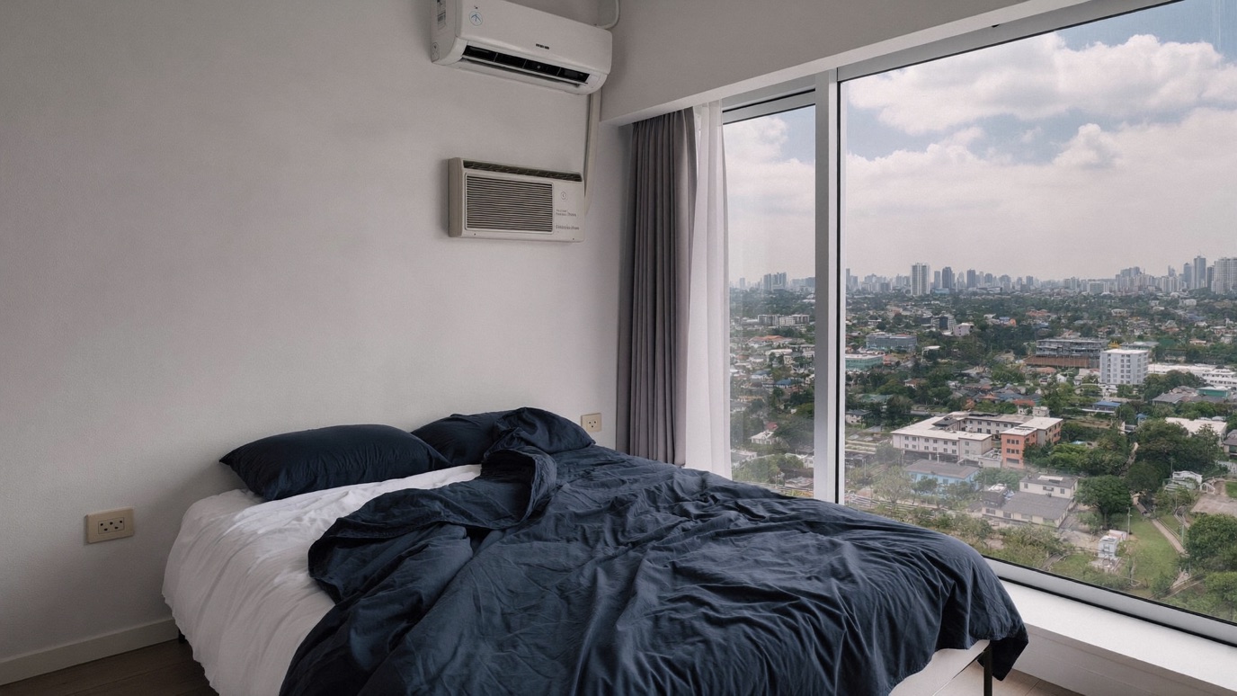 ห้องคอนโดมีแอร์ติดผนังและหน้าต่างกระจกบานใหญ่มองเห็นวิวเมือง